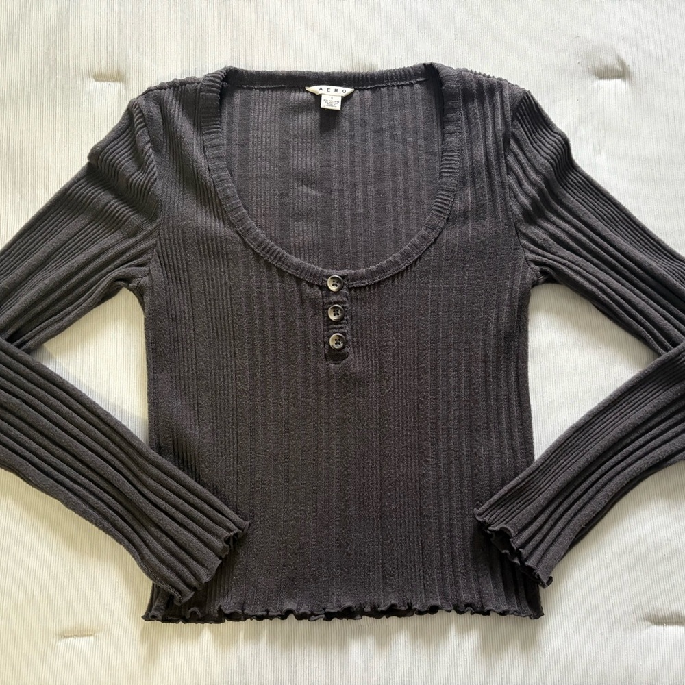 AERO Charcoal Ribbed Long Sleeve Crop Top